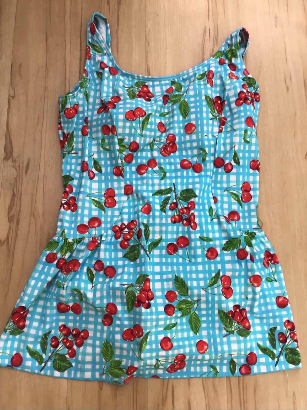 Cherry Print Blue Gingham Tank Women’s 20W Peplum One Piece Swimsuit Cottage